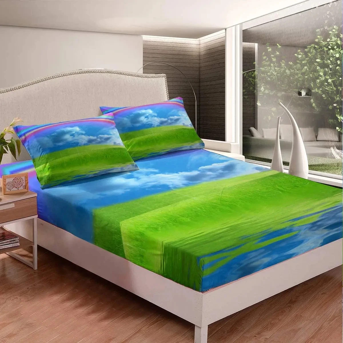 Grassland Rainbow Bed Sheet Set Natural Scenery Fitted Sheet King Full Size Landscape Bedding Set For Child Adult Bedroom Dorm