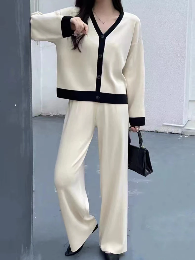 HELIAR Office 2 Piece Sets Women Outfit Fall Suit Patchwork V-neck Long Sleeved Knitted Cardigan Top+Casual Wide Leg Pants Sets