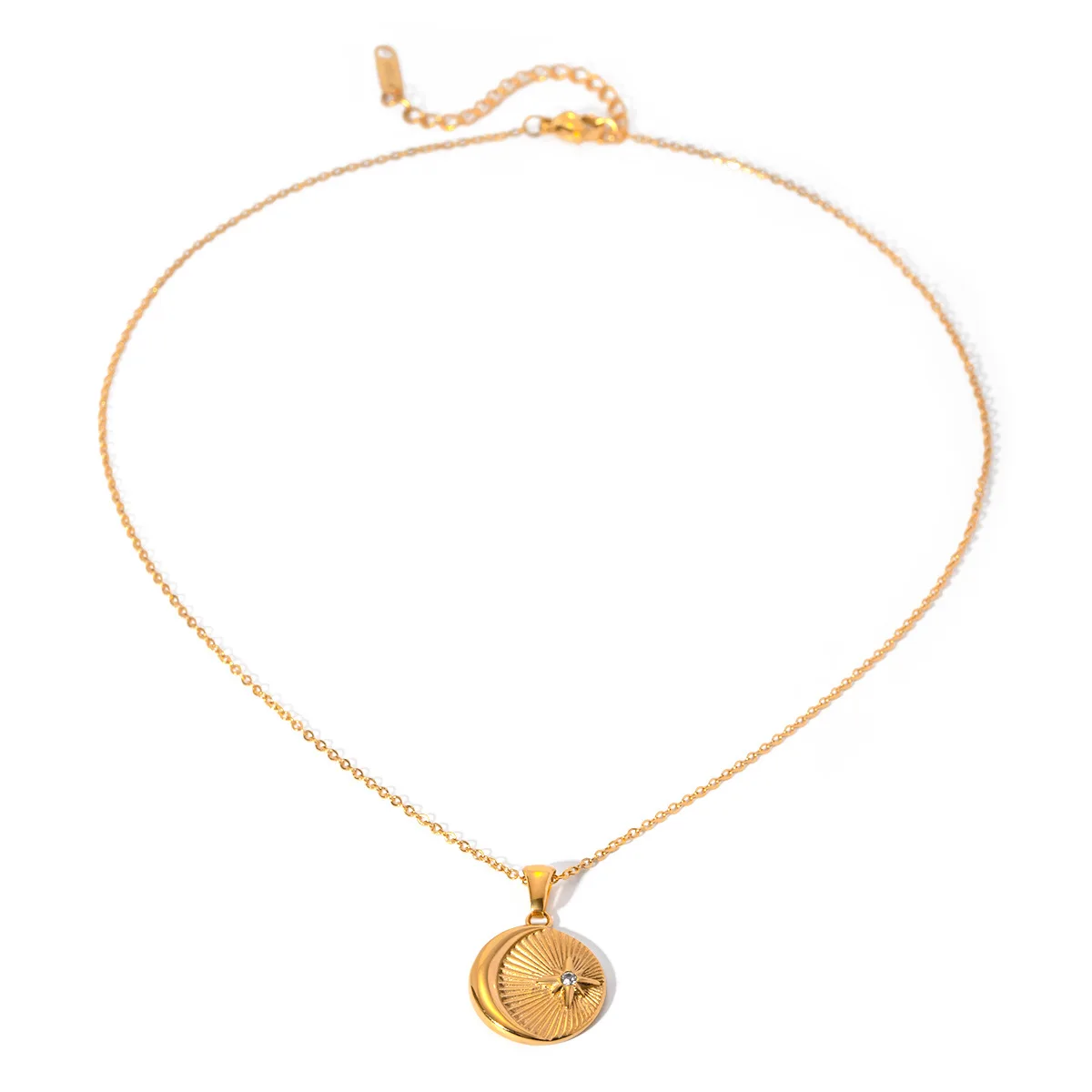 

Stainless Steel PVD 18K Gold Plated Tarnish Moon Star Crystal Pendant Necklace For Woman Jewelry Wholesale Summer Trendy