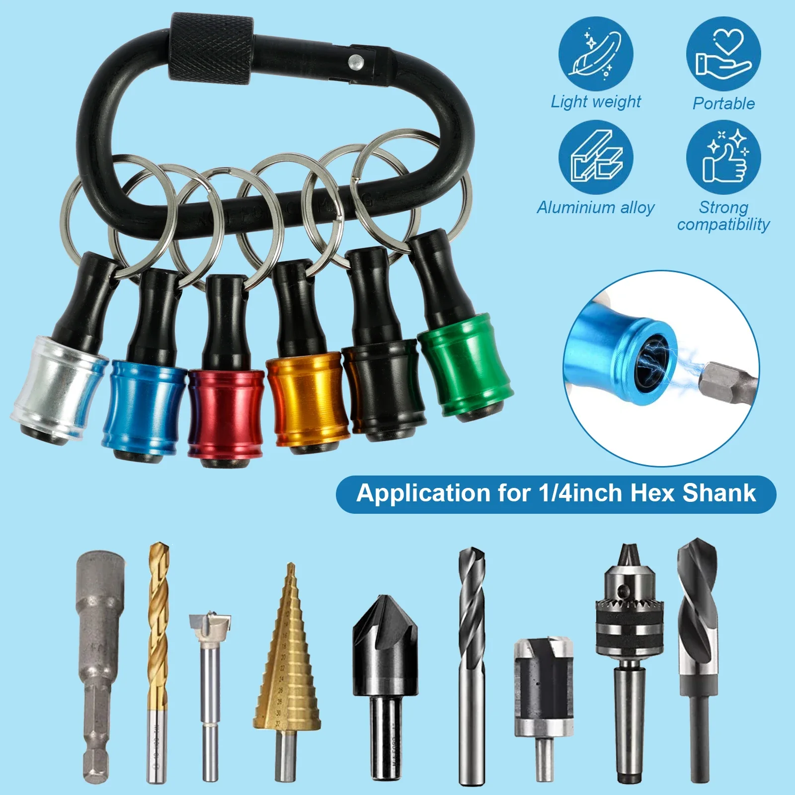 12Pcs Drill Bit Holder 1/4 Inch Hex Shank Drill Bit Holder Aluminum Alloy Drill Bit Keychain Portable Quick Change Drill Bit