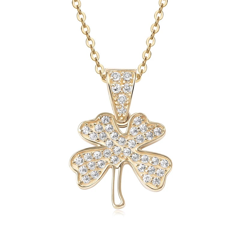 Raprgold 14K Solid Gold Four Leaf Clover Pendant for Women with 925 Silver Link Chain 20'' Cubic Zirconia Necklace Gift for Her