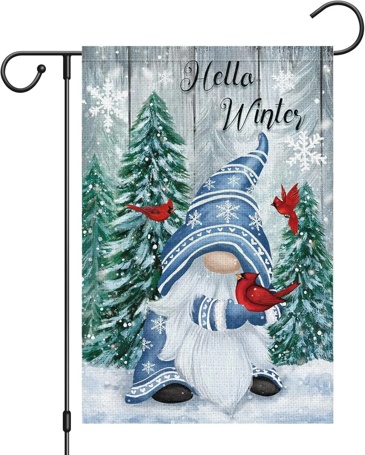 Hello Winter Gnome Garden Flag 12x18 Double Sided Burlap Cardinals Snowflakes Snow Garden Yard Flags for Winter Christmas Season