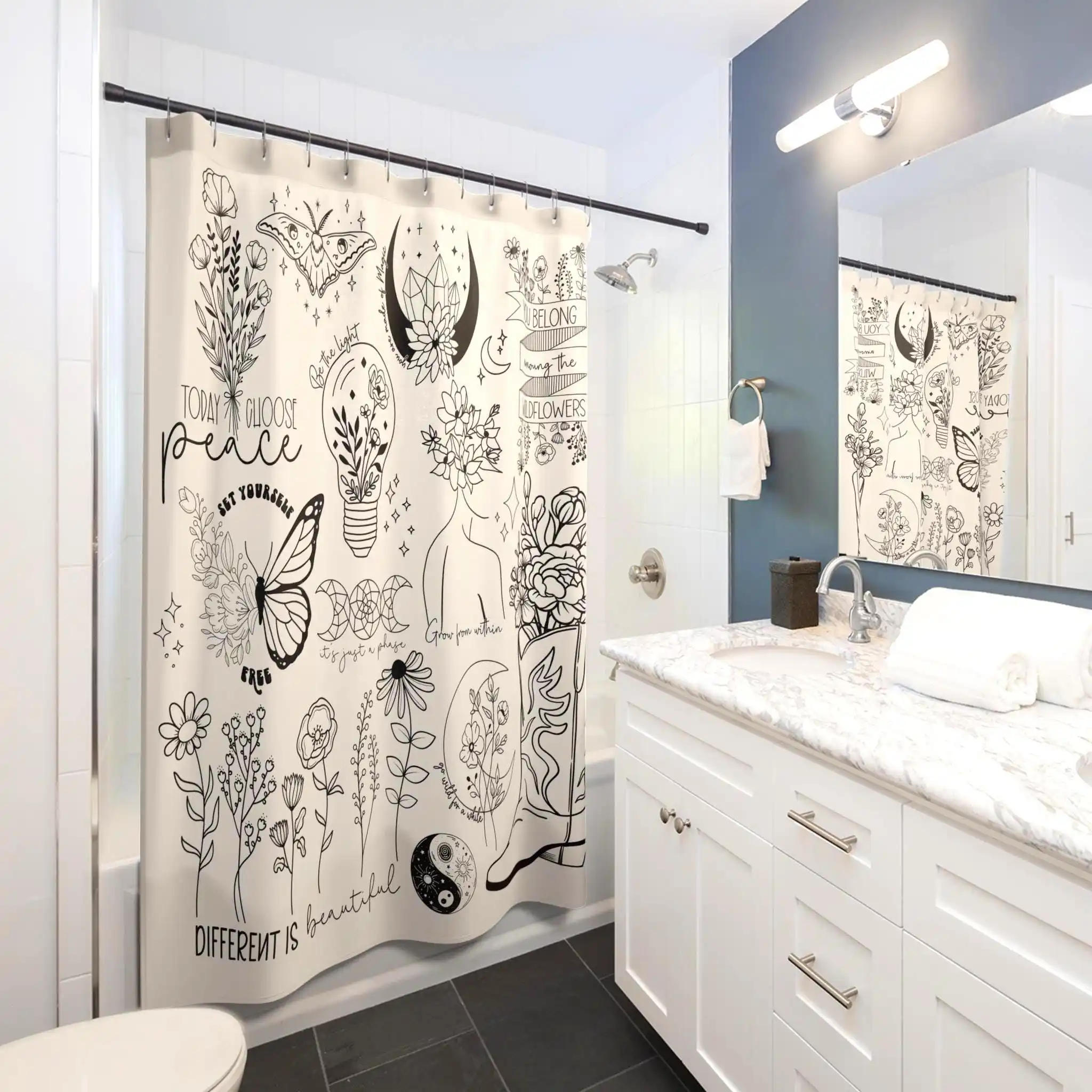 Boho Botanical Line Art Shower Curtain Floral Moon Stars Growth Inspirational Bathroom Decor