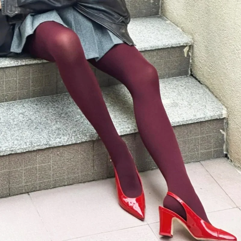 1/2Pcs Wine Red Stocking Tights Women Vintage Sexy Burgundy Thin Thick Super Elastic Anti-Hooker Senior Pantyhose Long Socks