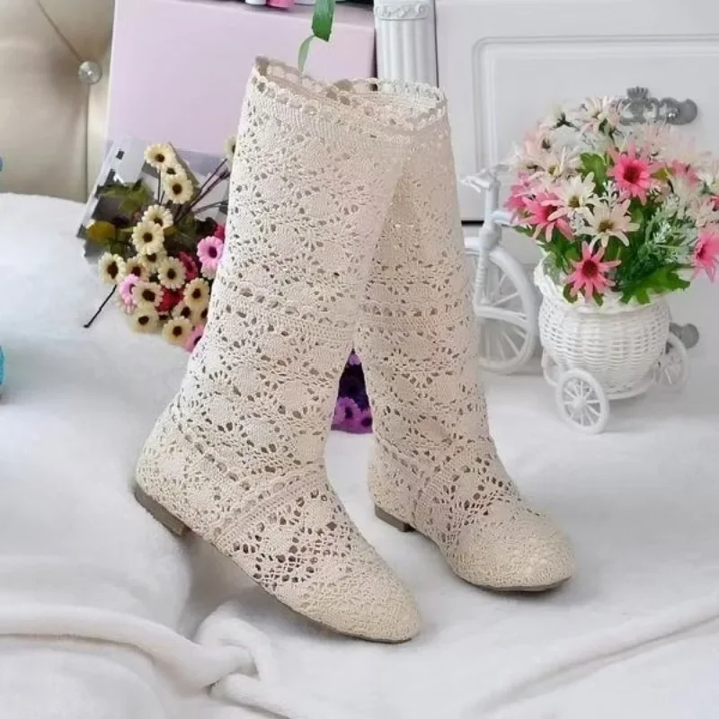 High Quality 2024 Hollow Boots Shoes Breathable Knit Line Mesh Boots Summer Women Boots Knee High Womens Shoes 35-41