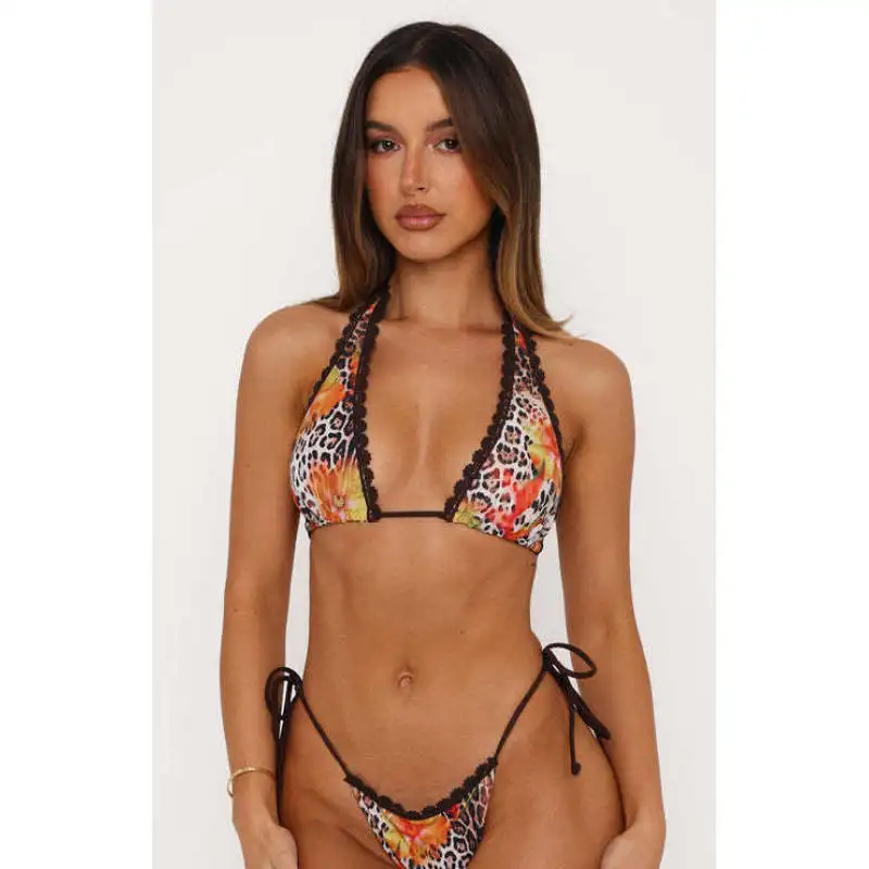 European American Women Two Piece Bikini Halter Tie Lace Trim Leopard Floral Print Split Beach Bathing Suit Swimwear Set