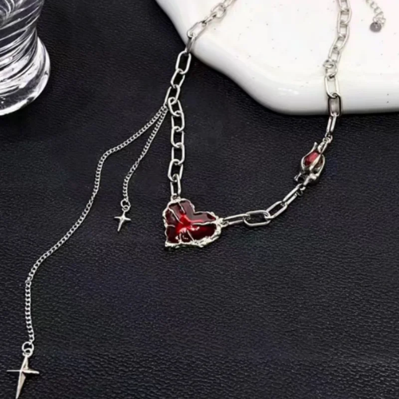 5Pcs Gothic necklace set with barbed wire dagger, red thorn heart, black star cross, mixed chain, stackable necklace, jewelry