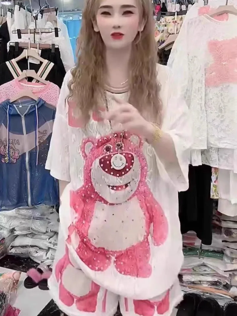 2025 Summer New T Shirts Suit Heavy Industry Beads Cartoon Diamond Drills Loose Oversize Short-sleeved T-shirt Casual Shorts Set