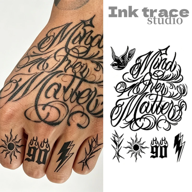 Chicano Cursive Letter Temporary Tattoo Stickers Sun Lightning Flame Thorn Swallow Fake Tattoo For Hand Back Finger Decor