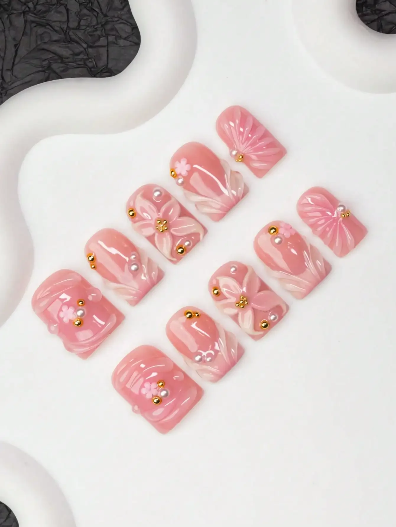 

10pcs/Set Handmade Square Nail Tips, Y2K Baddie Style, Nude & Pink Color With French Edge, Floral Decor, Shiny Nail Art