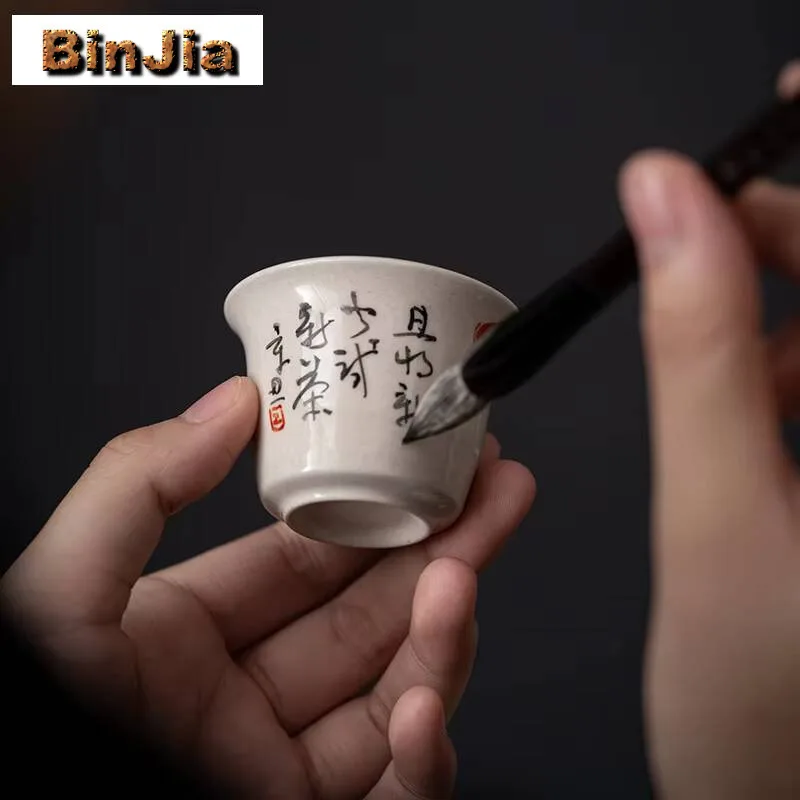 40 مللي رسمت باليد ذهبية أكواب شاي العشب الخشب رمادي المزجج تذوق كوب عطري السيراميك Msater التأمل الكونغ فو Teaset #3