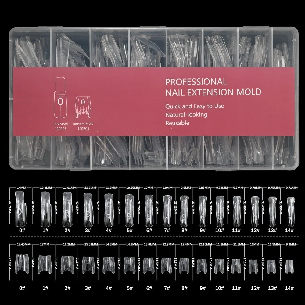 240pcs New Mixed Size False Nail Short Oval Bottom Mold Dual Nail Forms Square Top Transparent Nail Art Extension Extension Work