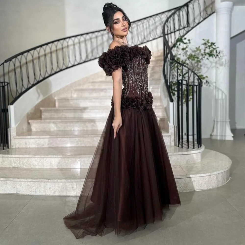 Flechazo Brown Tulle Evening Dress Off the Shoulder Short Sleeves with Ruffles A-Line Floor Length Beading Women Customized Gown