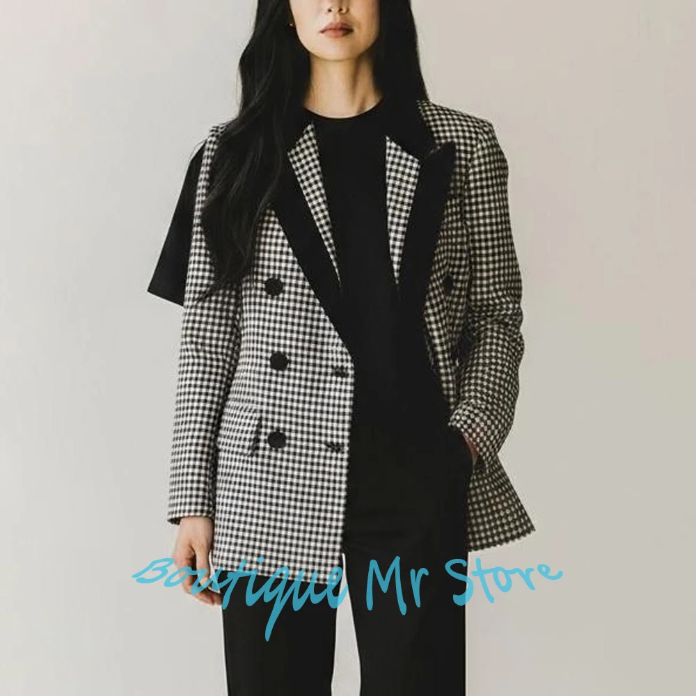 

Вневременная черно-белая женская одежда в мелкую клетку, двубортный пиджак из 2 предметов с бархатными контрастными лацканами, классическая куртка в консервативном стиле