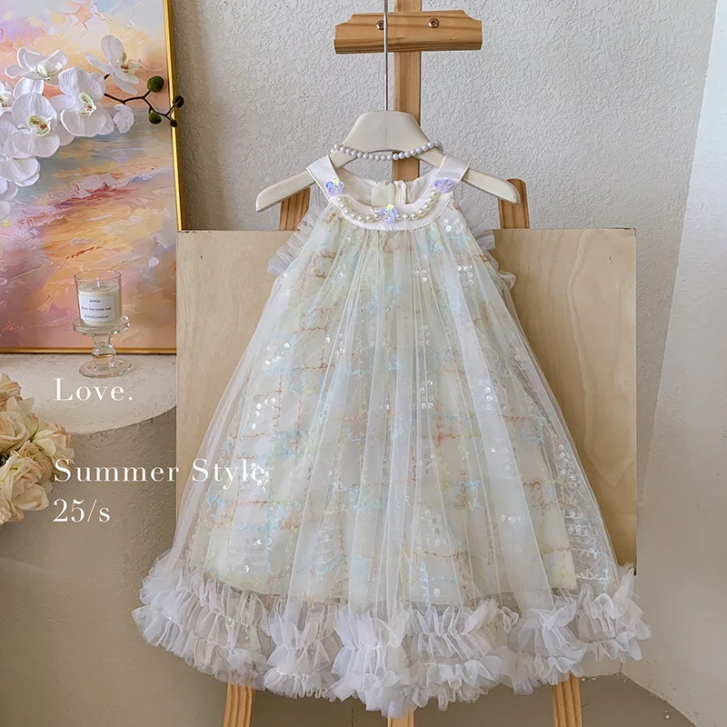 

2025Girls' Summer High-End Birthday Dress Halter Sequin Mesh Fairy Dress