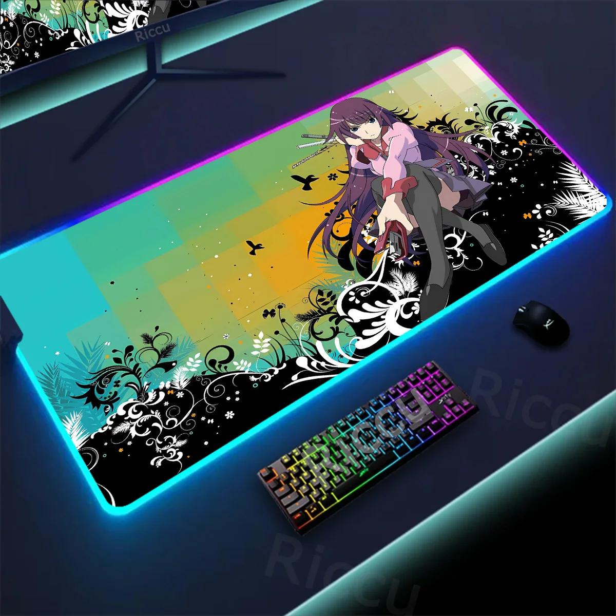 RGB Mousepad Anime M-Monogatari Series Large Gaming PC Mouse Pad Thickened Computer Keyboard Table Desk HD Printing Non-slip Mat