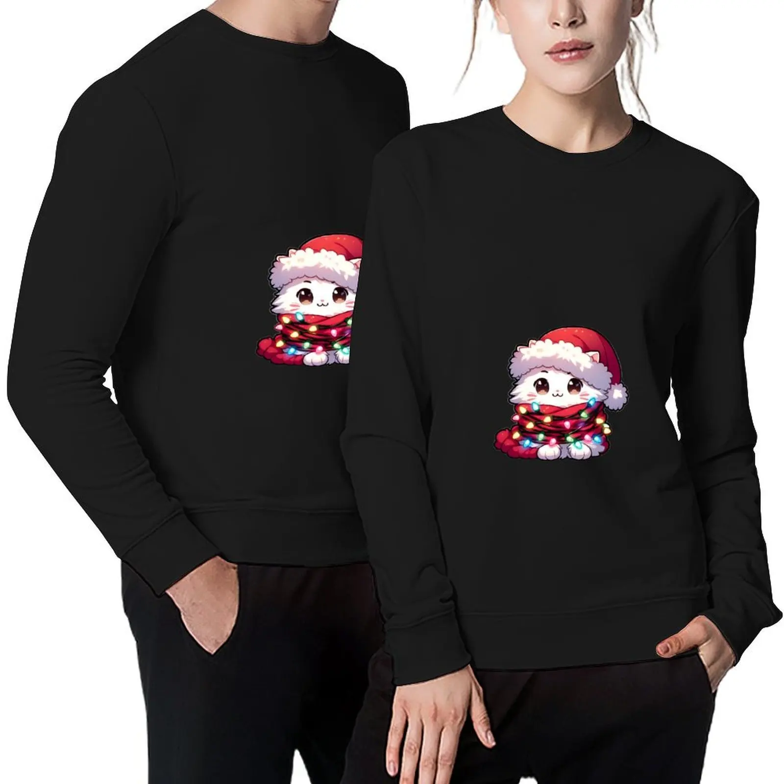 

Luminous Feline Finesse: White Cat Christmas Tree Lights Pullover fashion men winter clothes blouse aesthetic sweatshirts