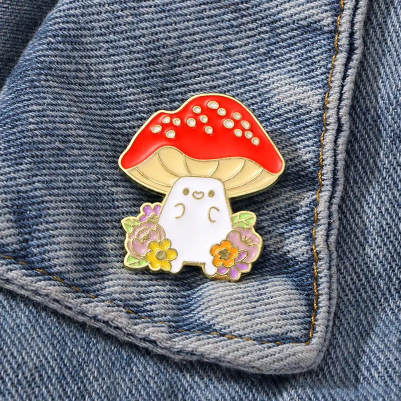 Floral Cartoon Mushroom Enamel Lapel Pin Red Spotted Toadstool Metal Badge Coat Backpack Fashion Ornament Botanical DecorJewelry