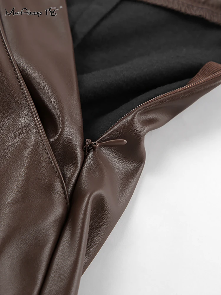 Mnealways18 Faux Leather Women High Waist Pants Women Vintage Brown Wide Legs Trousers Office Ladies Casual Pockets Baggy Pants