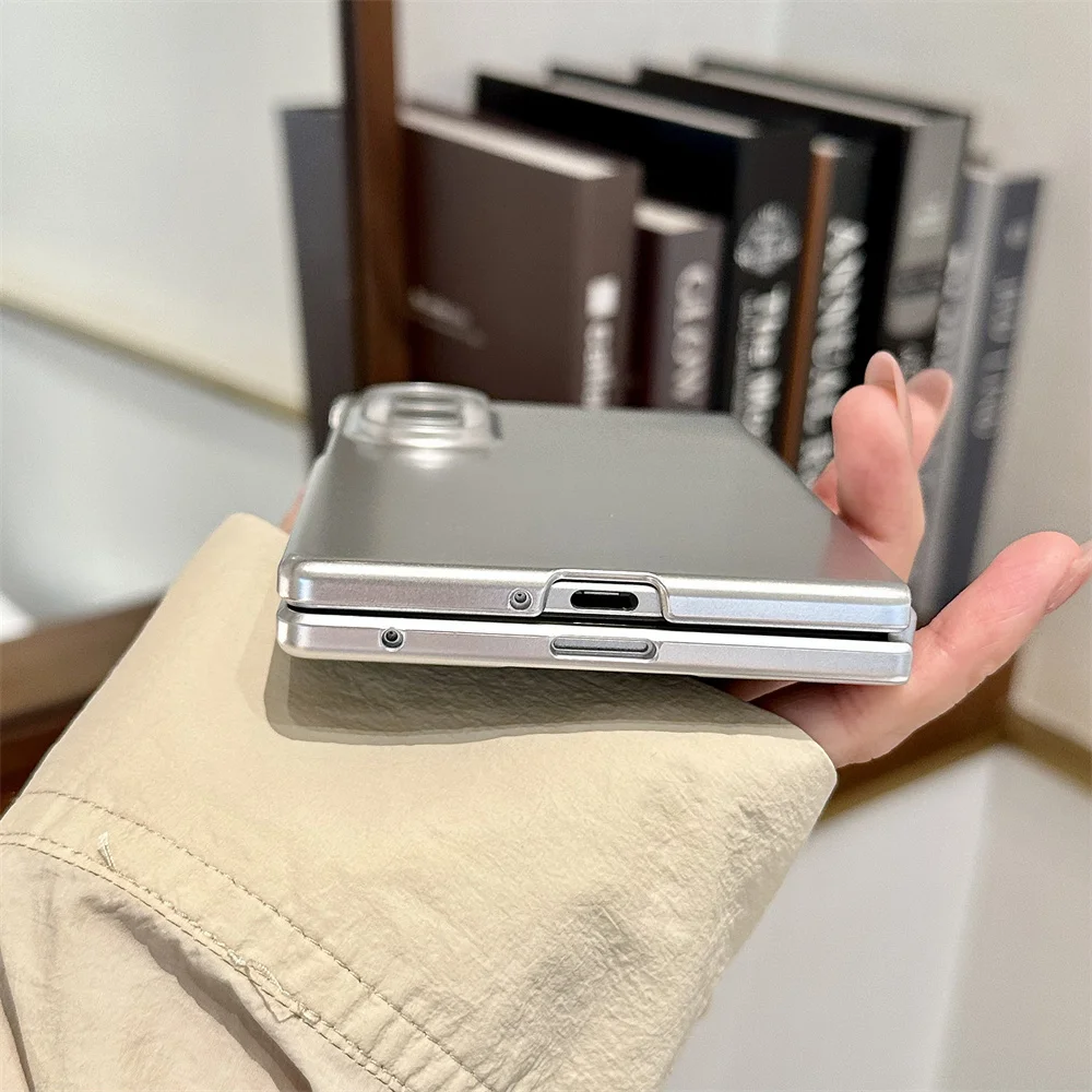 Korea Cute Silver Foldable Phone Case For Samsung Galaxy Z Fold 8 Solid Plain Transparent Hinge Hard Cover Chain Cases