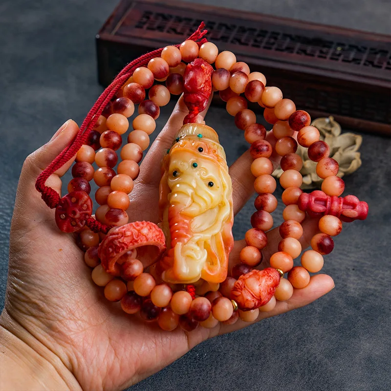 Camel bone and cow bone bloodstone round beads, 108 Buddhist beads, smooth material, three-way carved pendant neck beads