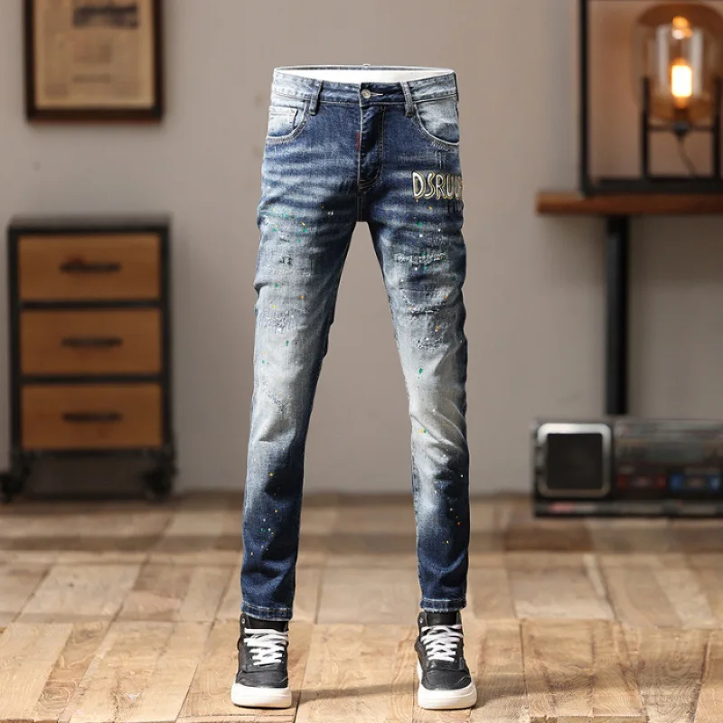 Retro Nostalgic Jeans Men's Ripped Embroidered Design Casual All-Matching Slim Fit Skinny Fashion Street Motorcycle Pants