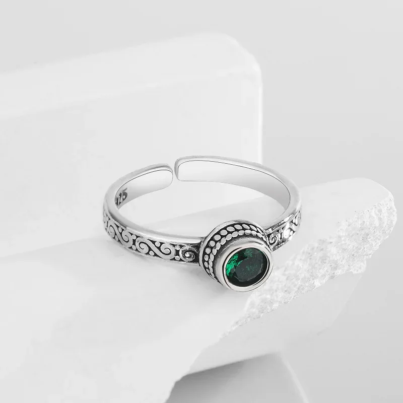 Vintage Thai Silver Green Zircon Open Cuff Finger Rings for Women Girl New Fashion Jewelry Gift Party