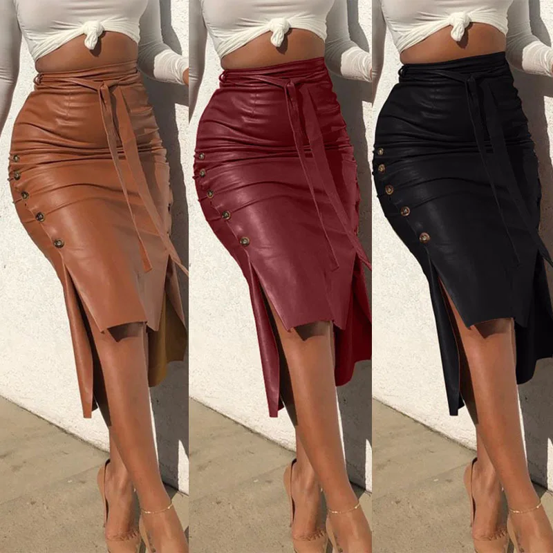 Autumn and Winter Leather Skirt Women Slim Mid Length Hip PU Short Skirts for Women