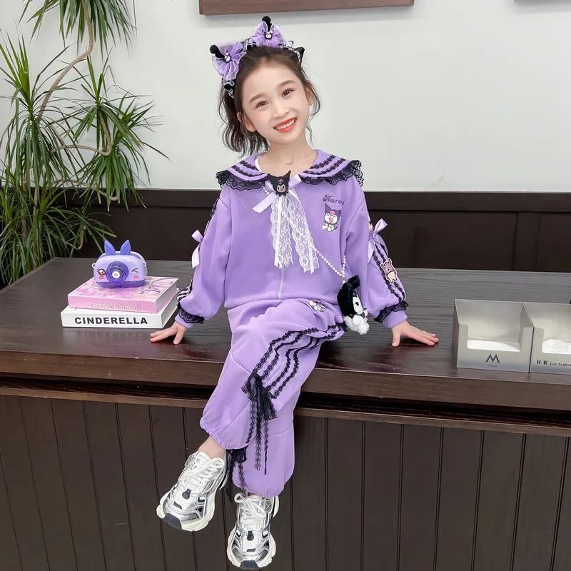 Kuromi Child Suit Sanrios Girl Spring Autumn New Anime Figure Long Sleeves Kawaii Cartoon Fashion Two Piece Set Child Clothing