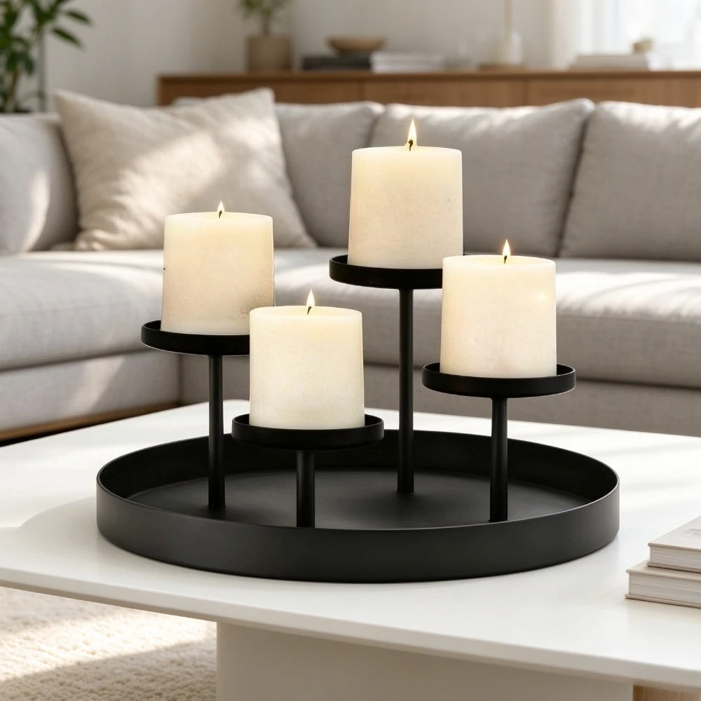 Multi-layer Black Metal Candelabra 4 Pillar Candle Holder Round Base Wax Catching Tray Wedding Party Christmas Decoration