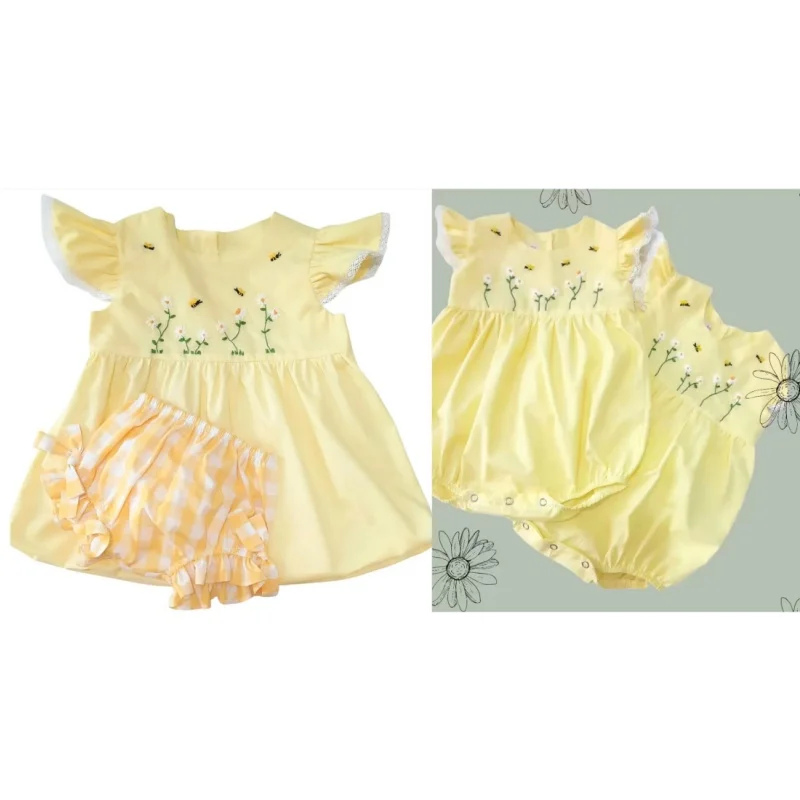 Baby Girl Summer 2PCS Outfit Bees Daisy Handmade Embroidery Yellow Dress Romper for Casual Birthday Photography B689