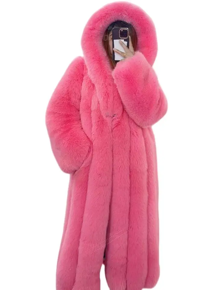 2025 Winter Warm Luxury Real Fox Fur Hooded Coat Women Pink Fox