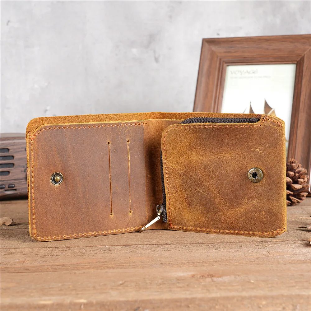 Mens Rfid Crazy Horse Leather Wallet for Men with Zipper Coin Pocket Slim Bifold Man Vintage Genuine Leather Card Holder Purse