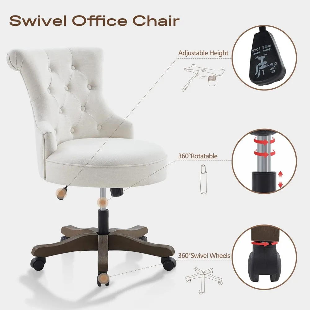 Home Office Chair Adjustable Height Swivel Chair with Wheels Linen Fabric Upholstered Computer Desk Chair with Wooden Legs Comfo