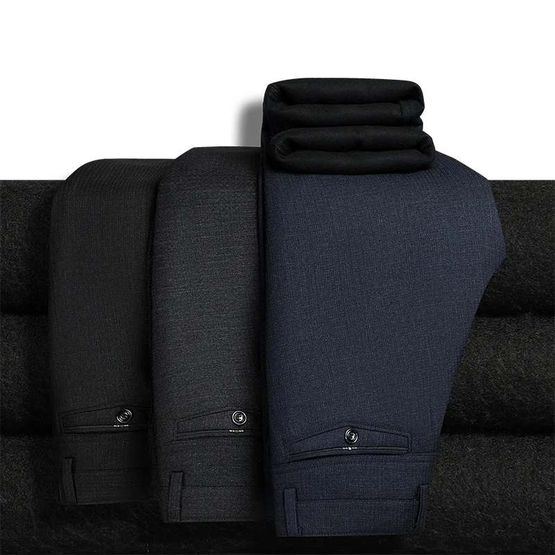Men\'s Fleece Lined Suit Pants Business Casual Loose Straight Black Formal Dress Pants Navy Blue Thick Warm Trousers