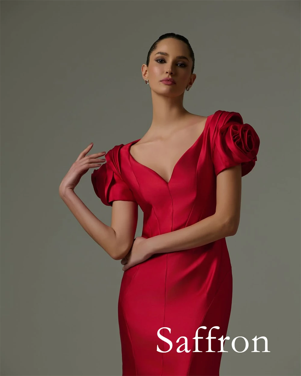 Vestido de noche de manga corta con flores exquisitas personalizado, vestidos elegantes con cuello en V para celebridades, vestido de fiesta clásico de sirena con cremallera en la espalda