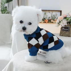 1PC pet clothing blue coffee diamond grid sweater pullover knitted sweater suitable for small and medium-sized dogs