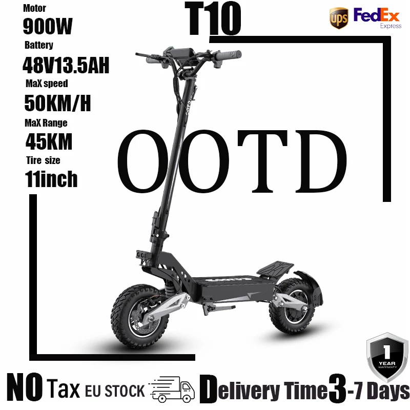 E-Scooter OOTD T10 900W piekvermogen 48V13/18Ah accu LED-scherm Elektrische scooter voor volwassenen 11 inch off-road band Draagbare e-scooter