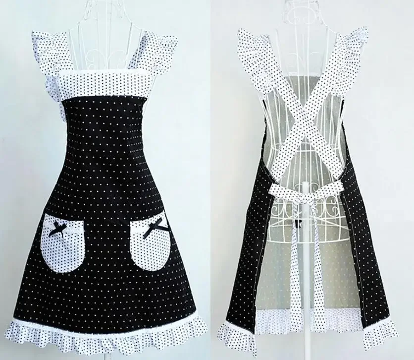 Kitchen Baking Aprons Princess Frill Lace Black White Dot Kitchen Cooking Aprons for Women with Pockets Cross Back