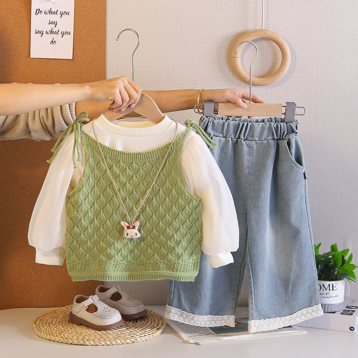 2026 Spring Toddler Girls 3pcs Set Knitted Vest Puff Sleeve Blouse Lace Trim Denim Wide Leg Pants Kids Sweet Princess Outfits