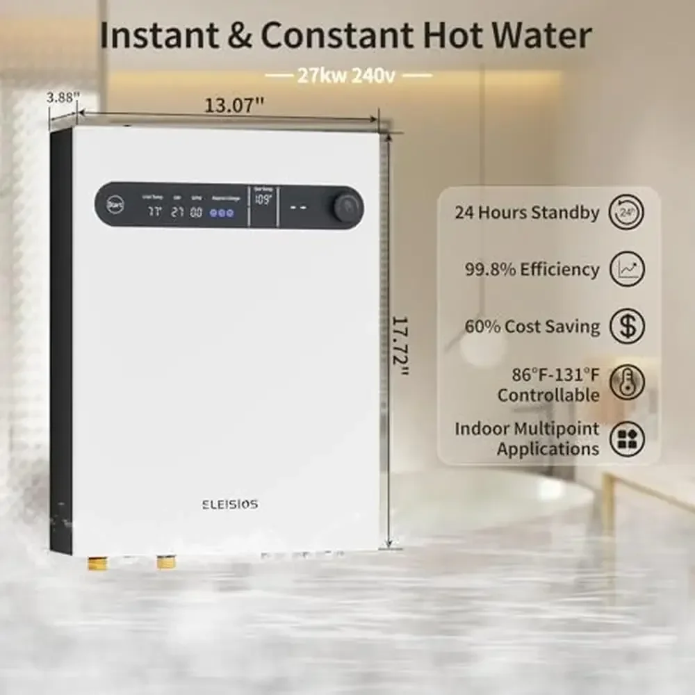 Tankless Electric Water Heater 27KW 240V LED Display Self-Modulating Instant Hot Water CSA Certified Wall-Mounted Rustproof