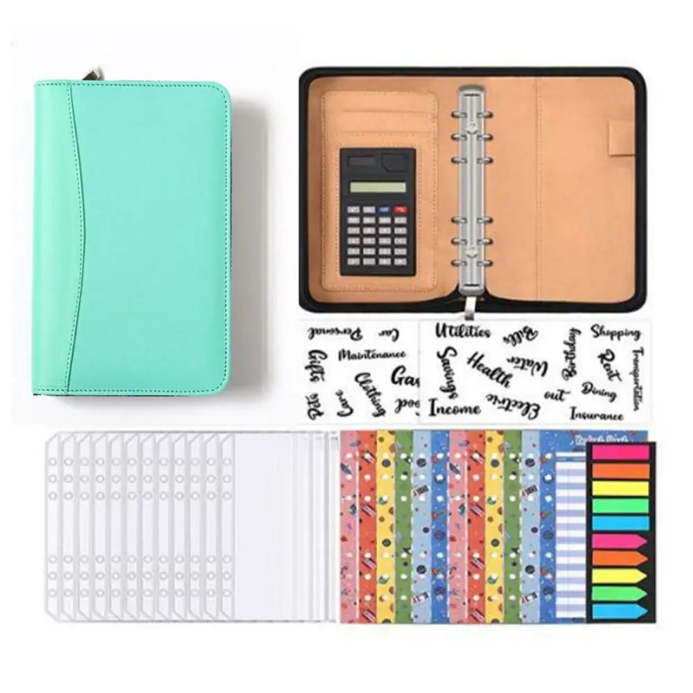 6-Ring File Folder PU Leather A6 Portfolio Binder Cover Card Holder with Calculator Business Notebook Office Supplies