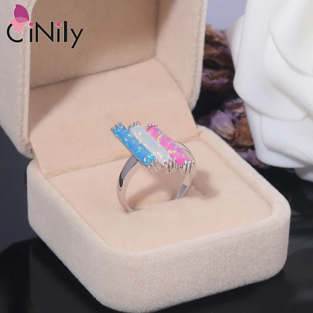 CiNily Tricolor Stone Rings Created Pink White Blue Fire Opal Silver Plated For Women Wedding Party Fashion Jewelrys Size 7-10