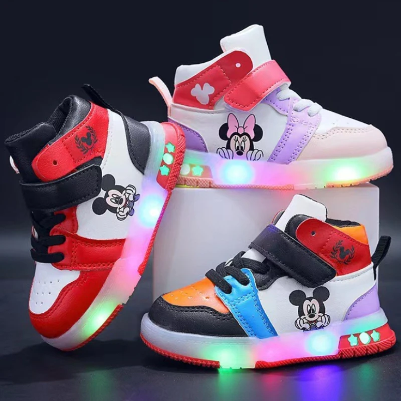 Disney Children\'s Sneakers Boys Girls Mickey Led Light Sport Shoes Student Shoes Hook Anti-slip Kids Outdoor Shoes Basket Shoes