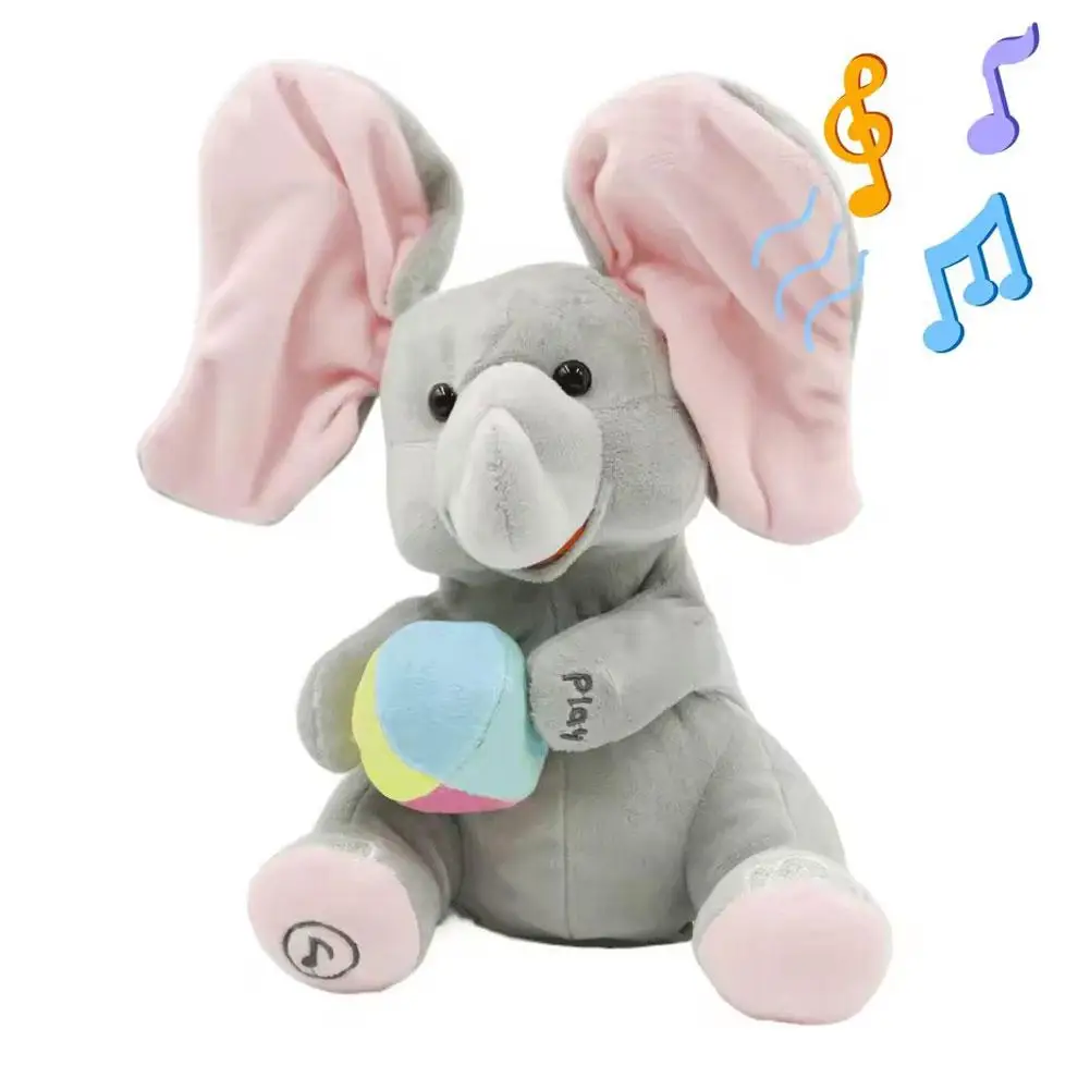 Hide and Seek Elephant Plush Toy Flapping Ears with Music Singing Soft Soothing Baby Sensory Toy for Newborn Infant 3 12 Months