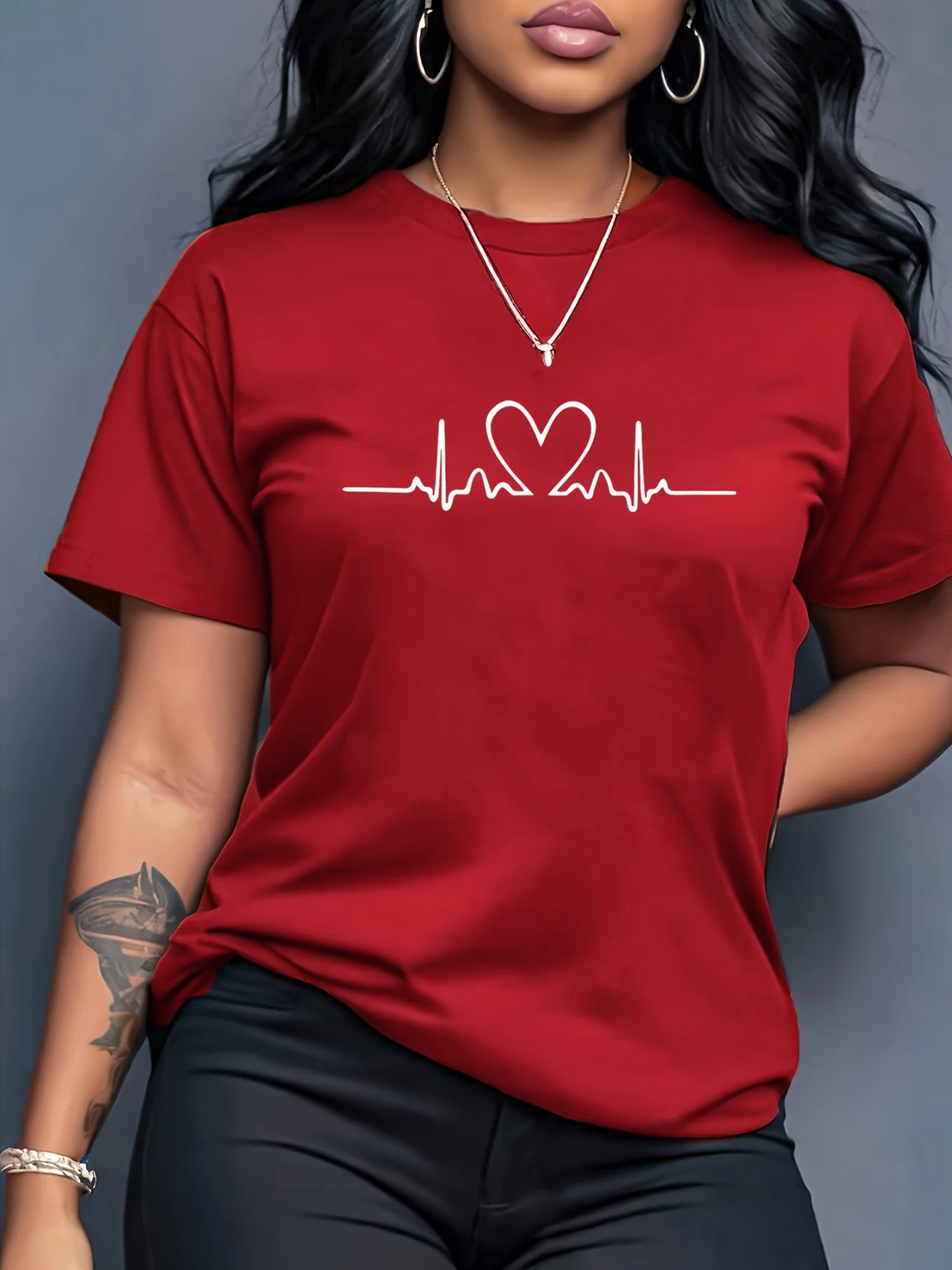 Women'S ECG Line Pattern Printed Fashion Casual Athletic Round Neck Short Sleeve T-Shirt