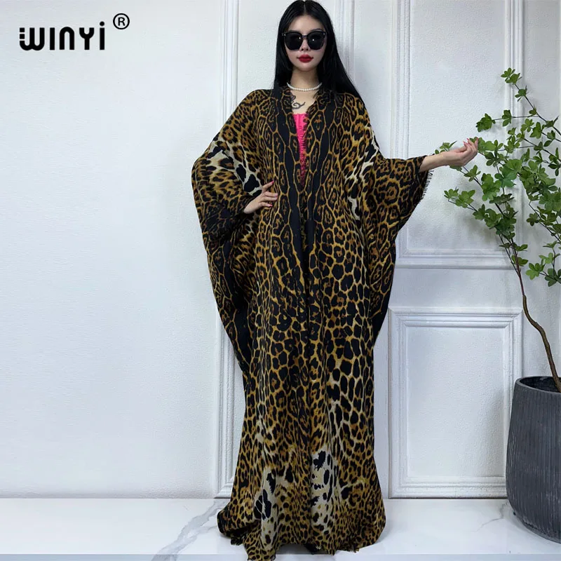 WINYI 2023 new winter clothes for women Leopard print Africa Luxury Long Fur Loose dress Thick Warm long down coat winter abaya