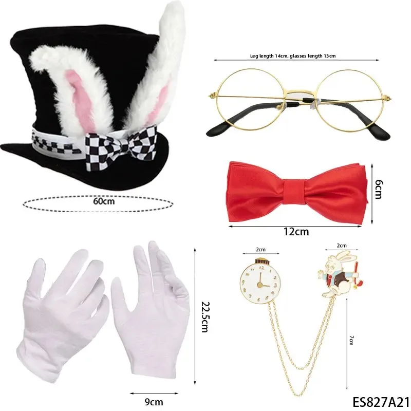 5 ピース/セット白ウサギの衣装セットマッドハッター帽子ウサギの耳トッパーぬいぐるみ帽子ハロウィンアクセサリーセット