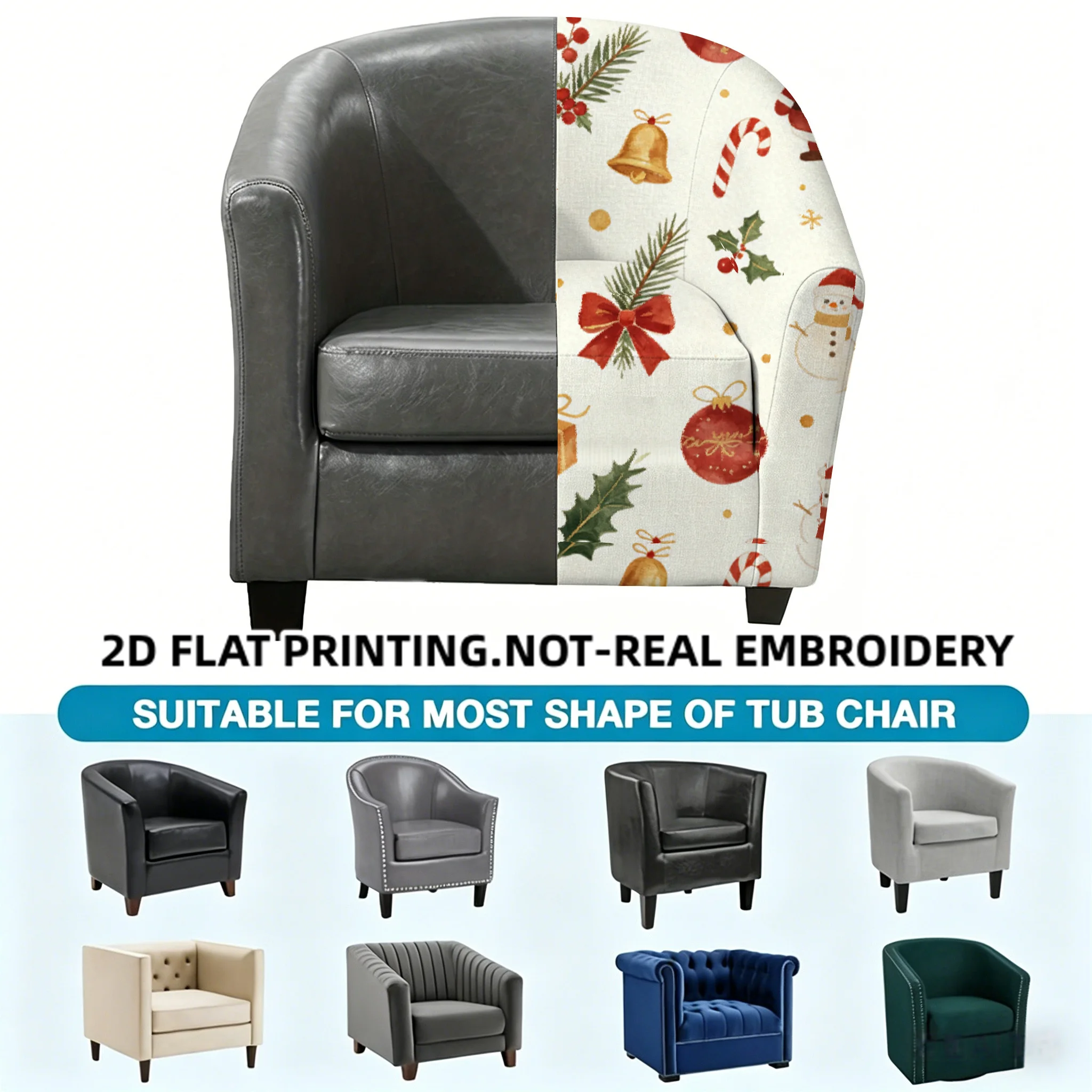 Watercolor Christmas elements armrest cover, berries holly gingerbread man snowman Santa 2D print elastic single club sofa cover