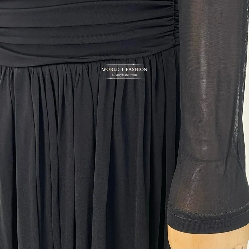 Otoño nuevo estilo Casual mujeres que usan 2025 negro plisado manga larga fuera del hombro Halter recortado vestido Midi